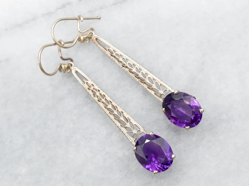 Classic trilogy drop earrings with three-stone elegance -Long Amethyst and Diamond Drop Earrings