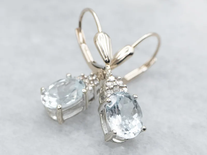 Intricate pave drop earrings glittering with tiny gems -White Gold Aquamarine Diamond Drop Earrings