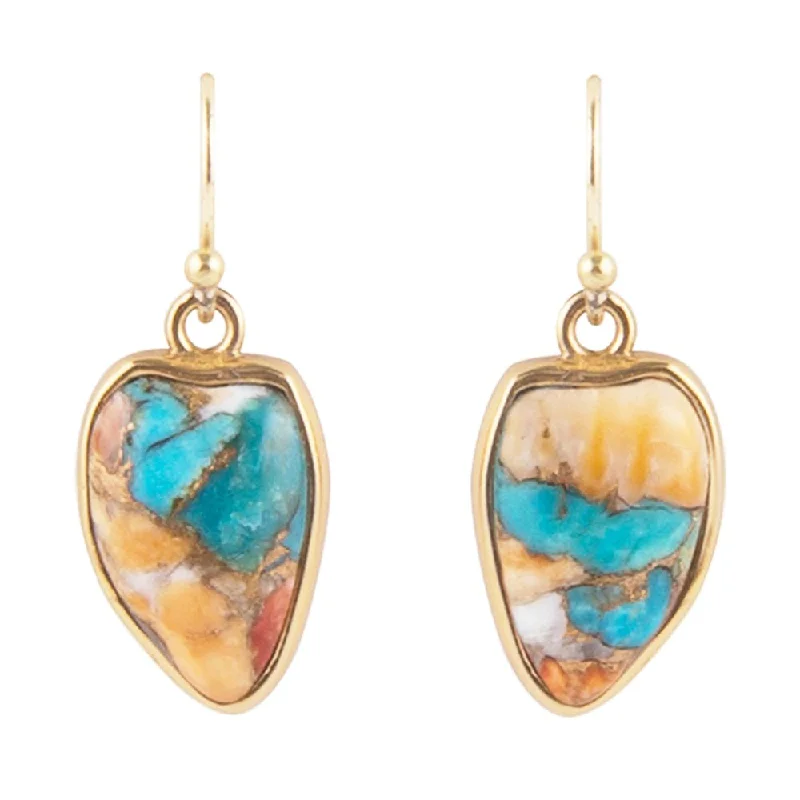 Earthy jasper drop earrings for grounded natural sway -Blue Turquoise and Orange Spiny Oyster Matrix Golden Drop Earrings