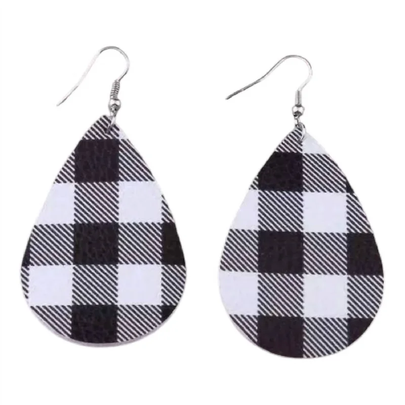 Sculptural gold drop earrings with artistic dangling forms -Women's Plaid Teardrop Earrings In Black/white