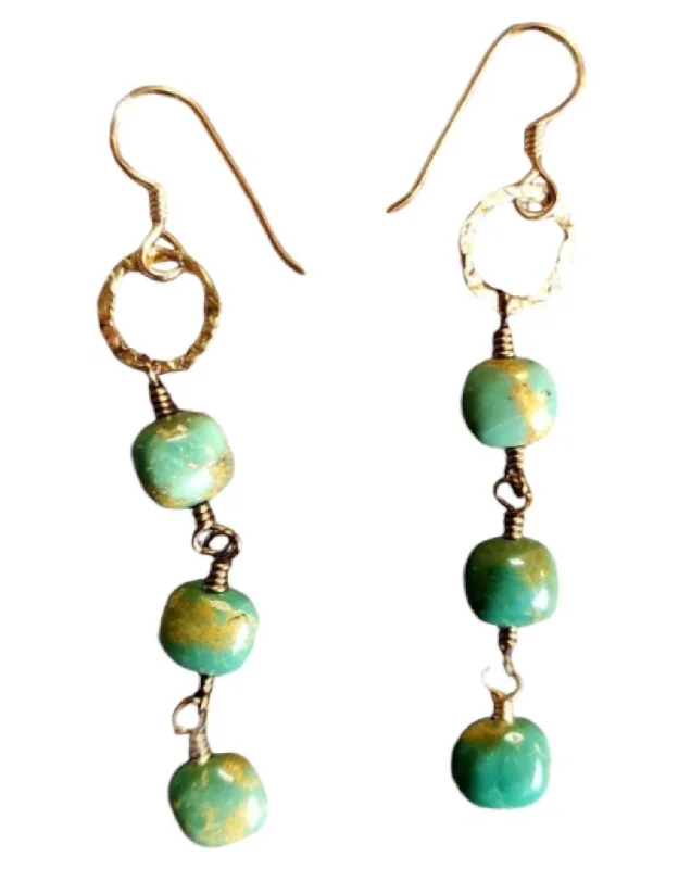 Earthy unakite drop earrings blending pink and green -Women's Three Stone Drop Earrings In Green Turquoise/gold