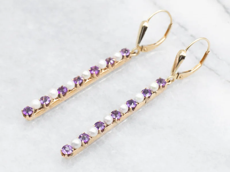 Radiant quartz drop earrings amplifying light and style -Amethyst and Pearl Bar Drop Earrings