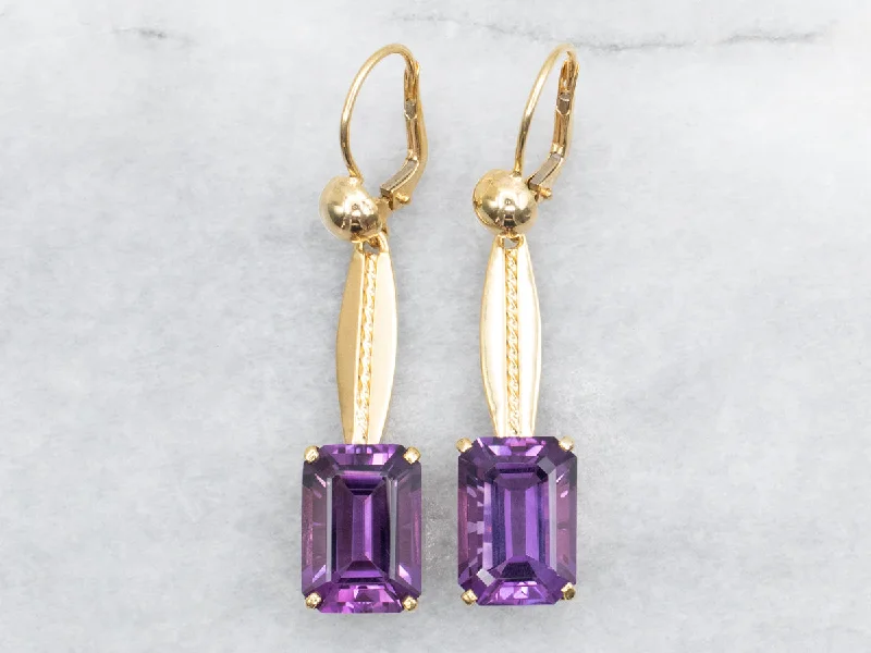 Long chandelier drop earrings for dramatic wedding looks -Amethyst Bar Drop Earrings