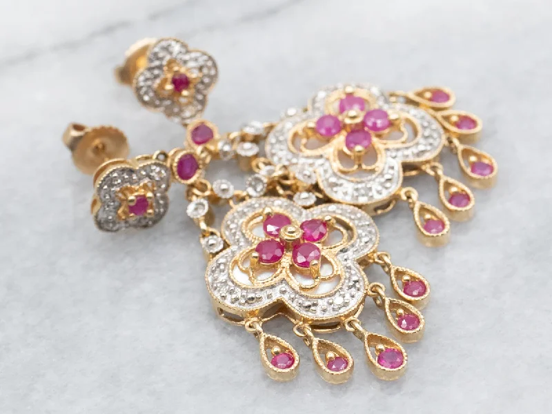 Radiant morganite drop earrings in soft blushing tones -Floral Gold Diamond, Ruby, and Mother of Pearl Drop Earrings