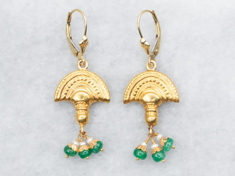 Classic pearl drop earrings for timeless dangling beauty -Yellow Gold Drop Earrings with Emerald and Seed Pearl Accents