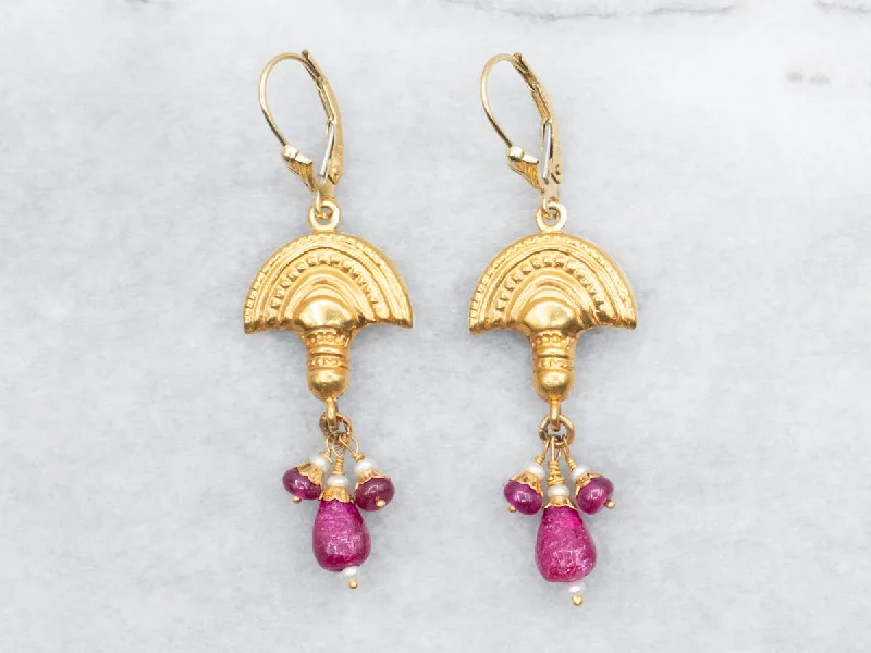 Vibrant fluorite drop earrings with rainbow pattern sway -Yellow Gold Drop Earrings with Ruby and Seed Pearl Accents