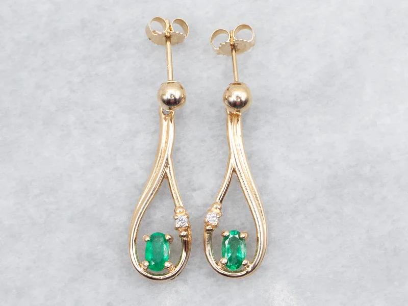 Geometric acrylic drop earrings offering bold modern shapes -Yellow Gold Emerald Drop Earrings with Diamond Accent