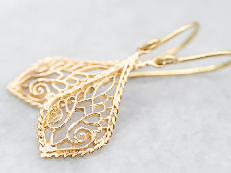 Organic hemp drop earrings for natural texture lovers -Yellow Gold Filigree Drop Earrings