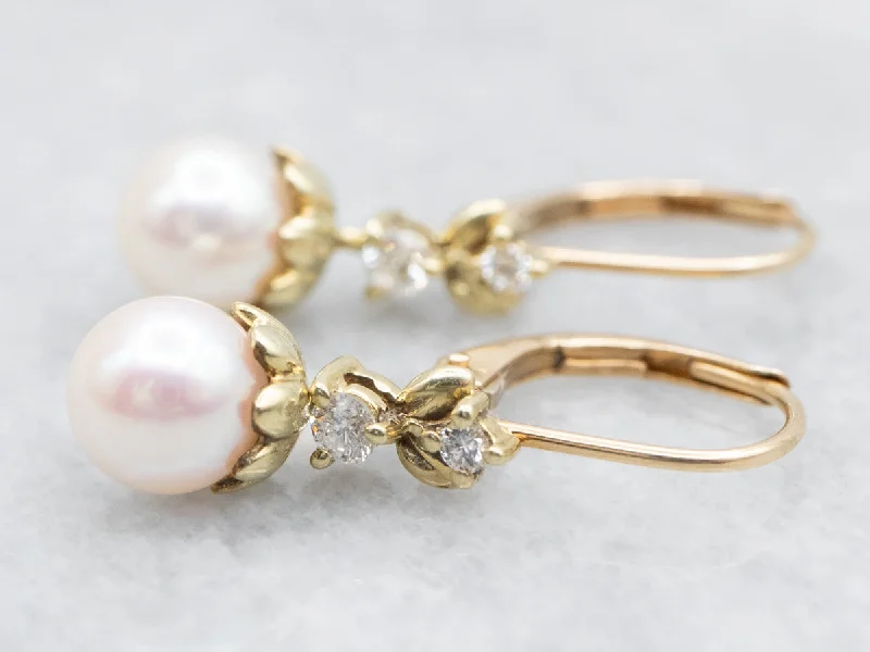 Romantic heart drop earrings symbolizing love and grace -Saltwater Pearl Drop Earrings with Diamond Accents