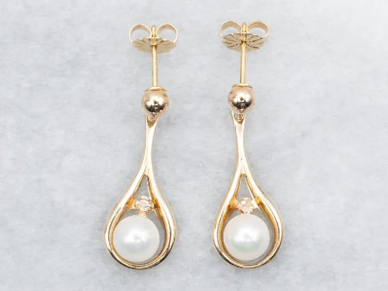 Sparkling zircon drop earrings mimicking diamond brilliance -Saltwater Pearl and Diamond Drop Earrings