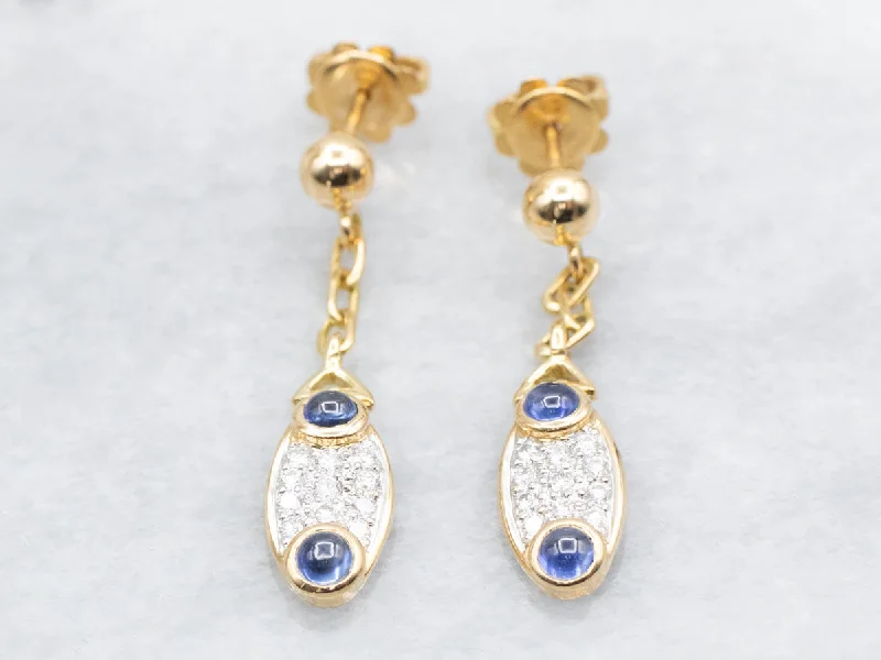 Sculptural bronze drop earrings for artistic bold dangles -Sapphire Cabochon and Diamond Gold Chain Drop Earrings