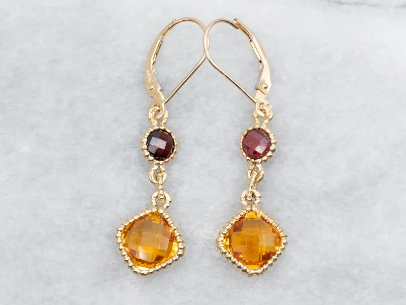 Shimmering kyanite drop earrings with calming blue sway -Square Cushion Cut Citrine and Rhodolite Garnet Drop Earrings