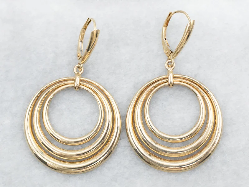 Vintage pearl drop earrings with classic gold settings -Yellow Gold Triple Circle Drop Earrings