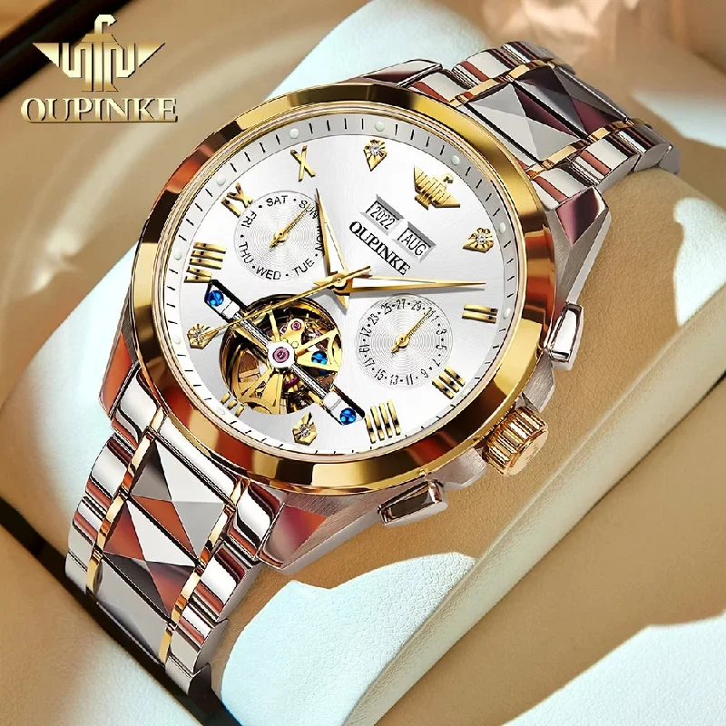 Sophisticated men's watches with gold accents and leather bands for a luxurious, formal look -Automatic Watches for Men, Diamond Skeleton Self Winding Luxury Dress Mens Watches Sapphire Crystal Tungsten Steel Band Luminous Waterproof Reloj, Gifts for Men