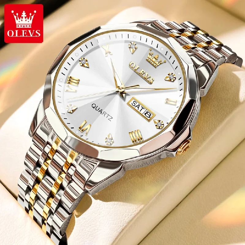 Men's watches with dual time zone features for international travelers and frequent flyers -Luxury Silver Watches for Men Gold and Silver Stainless Steel Large Face Men Watch with Day Date Dress Waterproof Classic Diamond Men'S Wrist Watches Fashion Luminous