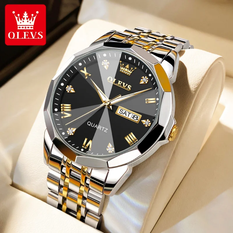 Luxury men's watches with stainless steel bands for a sleek and elegant appearance -Watch for Men Diamond Luxury Casual Two Tone Stainless Steel Date Quartz Watch Waterproof Luminous, Gifts for Men, Adult Male Wristwatch