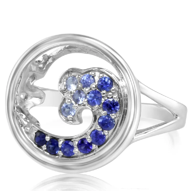 Stunning diamond gemstone rings for love’s shine -14K White Gold Graduated Blue Sapphire Wave In Circle 15mm Ring