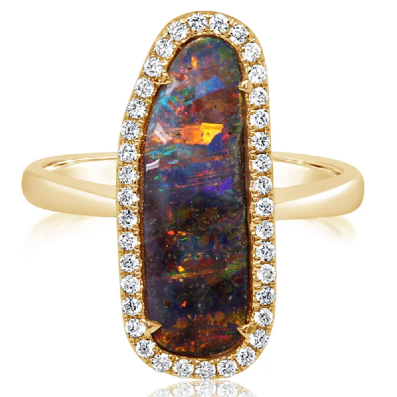 Fiery ruby gemstone rings igniting bold fashion -14K Yellow Gold Australian Boulder Opal/Diamond Ring