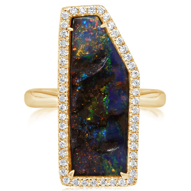 Rich garnet gemstone rings ideal for festive nights -14K Yellow Gold Australian Boulder Opal/Diamond Ring