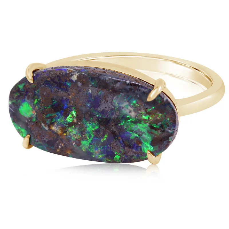 Luxurious diamond gemstone rings paired with gold bands -14K Yellow Gold Australian Boulder Opal Ring