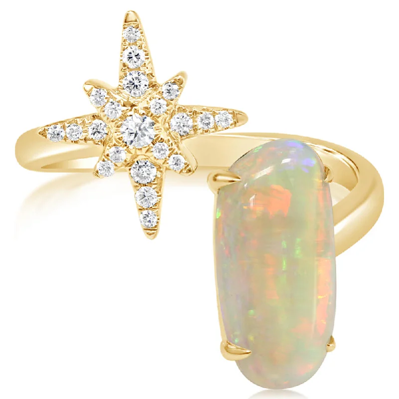 Breezy aquamarine gemstone rings with soothing blue tones -14K Yellow Gold Australian Opal/Diamond Star Ring