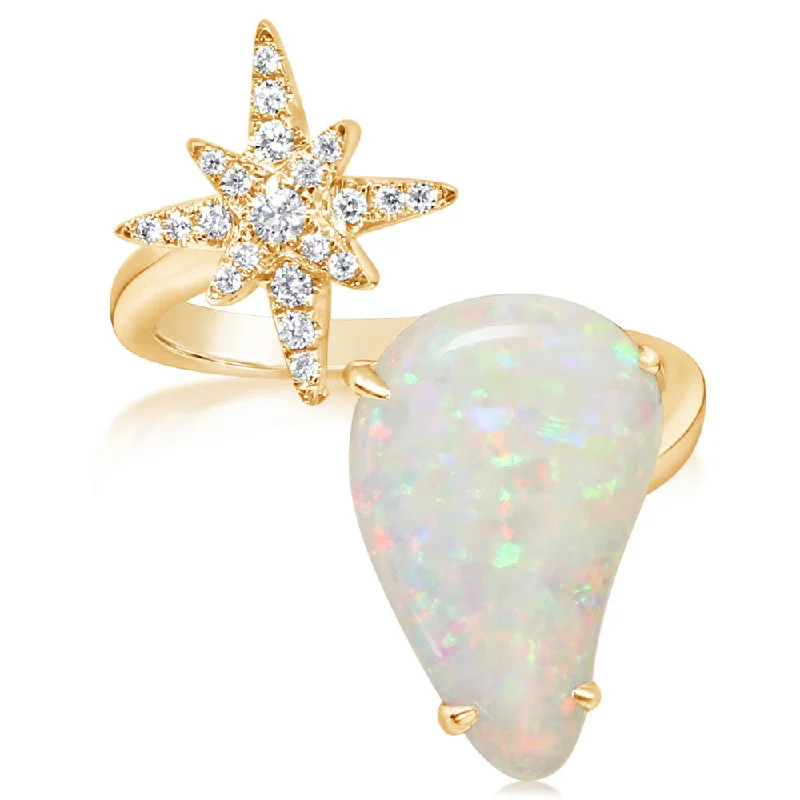 Smooth pearl gemstone rings for classic beauty -14K Yellow Gold Australian Opal/Diamond Star Ring