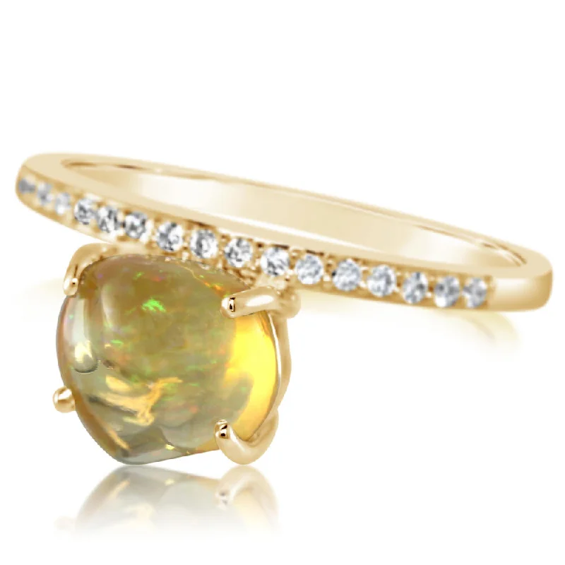 Rugged turquoise gemstone rings for adventurous souls -14K Yellow Gold Mexican Fire Opal/Diamond Ring