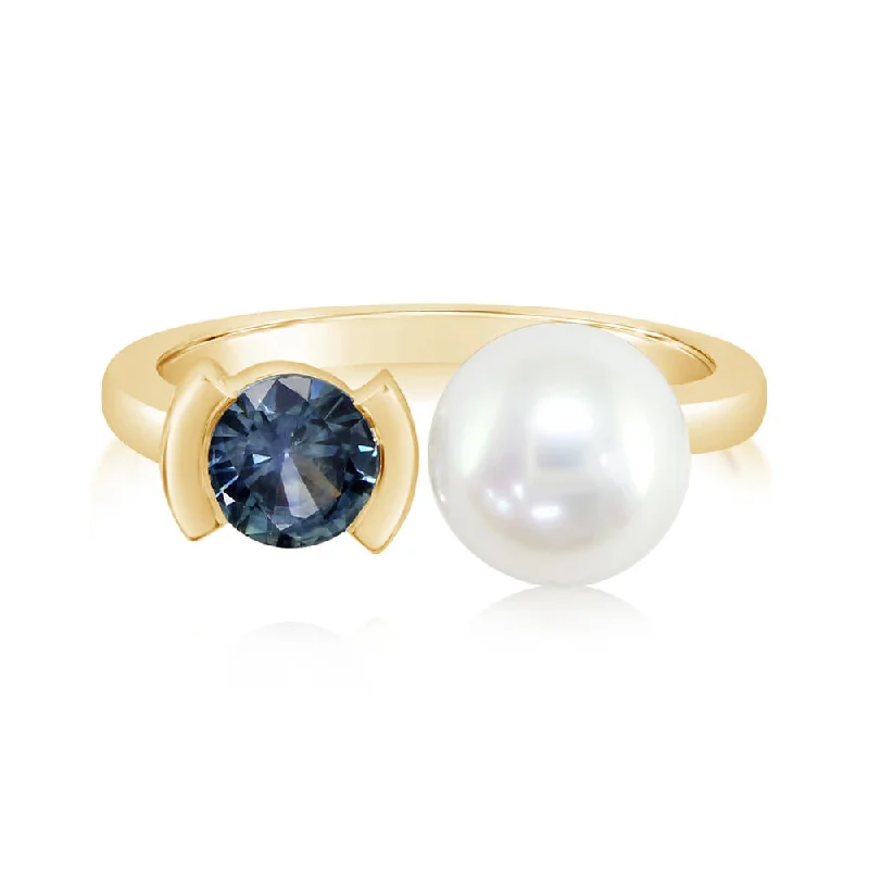 Mystical moonstone gemstone rings for ethereal pastel glow -14K Yellow Gold White Freshwater Cultured Pearl/Montana Sapphire Ring