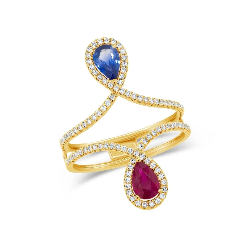 Shimmering opal gemstone rings with light dance -14KT GOLD 0.30 CTW DIAMOND & 0.99 CTW RUBY & BLUE SAPPHIRE RING