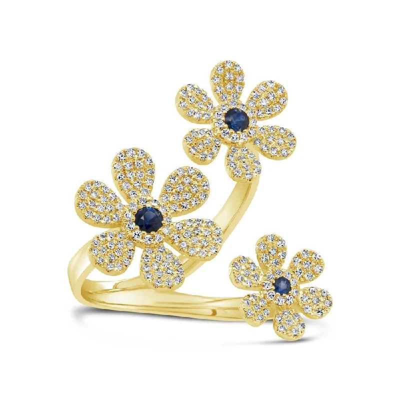 Clear topaz gemstone rings for cool elegance -14KT GOLD 0.65 CTW SAPPHIRE & DIAMOND PAVÉ 3 FLOWER RING