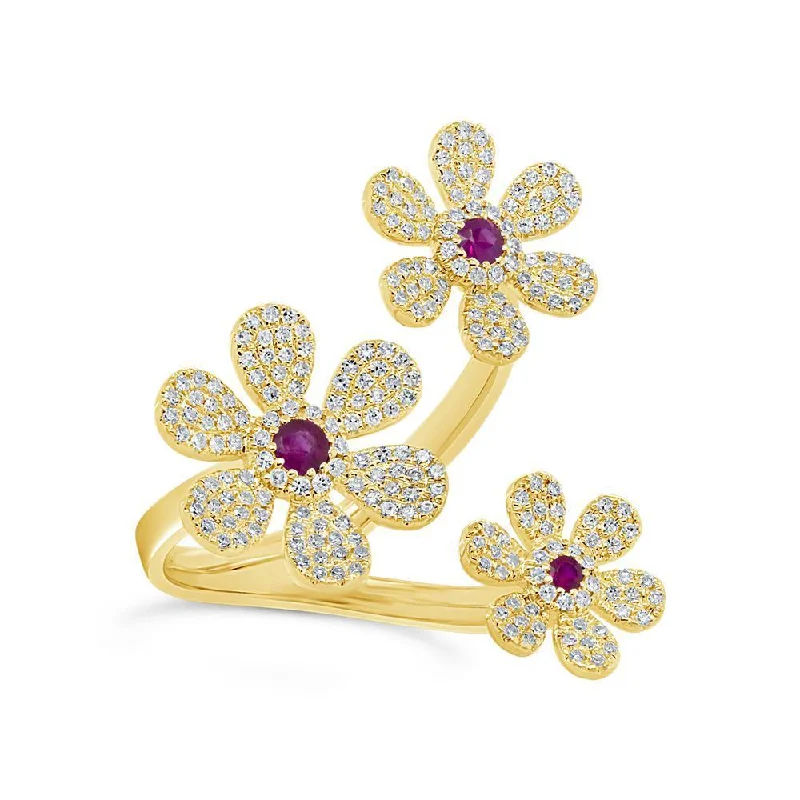 Intense garnet gemstone rings with red depth -14KT GOLD 0.66 CTW RUBY & DIAMOND PAVÉ 3 FLOWER RING