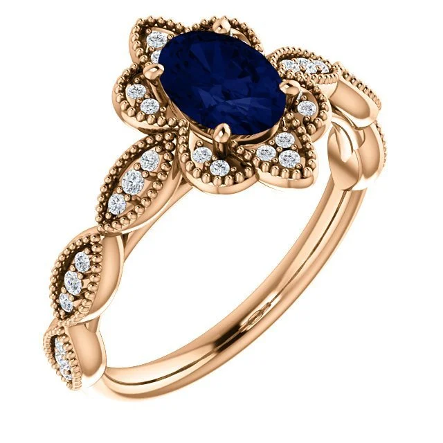 Cool sapphire gemstone rings offering blue serenity -14KT GOLD 1.00 CT OVAL SAPPHIRE AND DIAMOND MILGRAIN RING