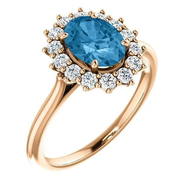 Rich garnet gemstone rings ideal for festive nights -14KT GOLD 1.60 CT SWISS BLUE TOPAZ & 3/8 CTW DIAMOND OVAL HALO RING