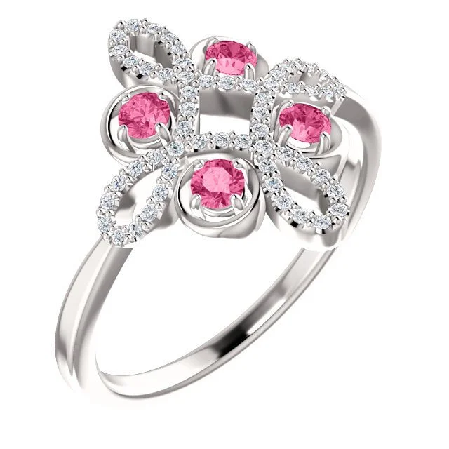 Crisp topaz gemstone rings offering icy modern shine -14KT GOLD 0.32 CTW PINK TOURMALINE & 1/6 CTW DIAMOND CLOVER RING