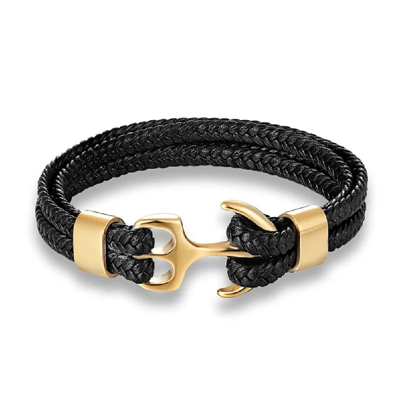 Shimmering sunstone bracelets with golden flecked glow -18K Gold Multi Row Black Leather Anchor Bracelet