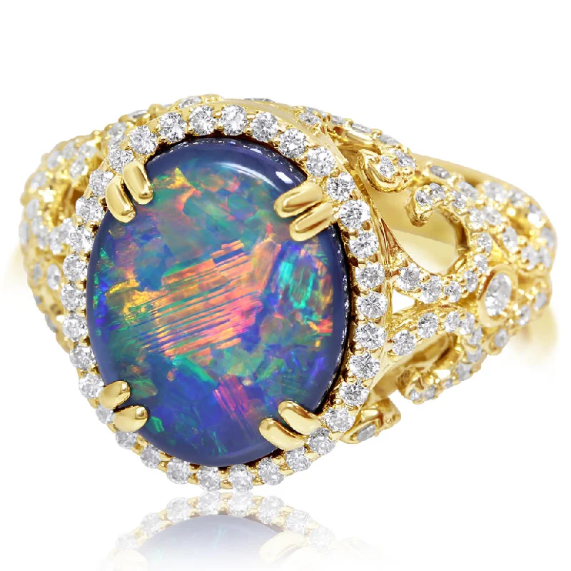 Passionate ruby gemstone rings with red brilliance -18K Yellow Gold Australian Black Opal/Diamond Ring