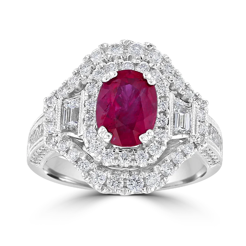 Crisp topaz gemstone rings offering icy modern shine -18KT GOLD 1.86 CT RUBY & 1.33 CTW DIAMOND DOUBLE HALO RING