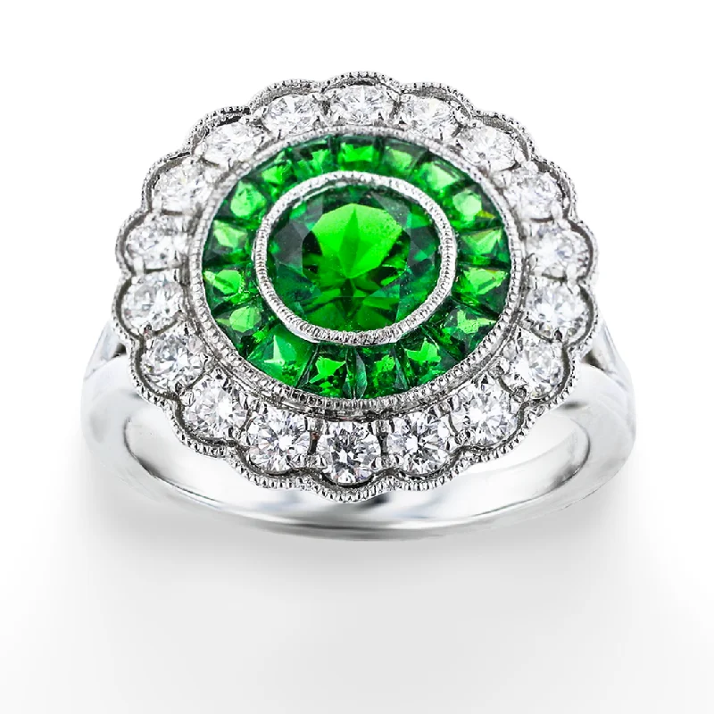 Fiery ruby gemstone rings igniting bold fashion -18KT WHITE GOLD 2.20CT TSAVORITE & 0.72CTW DIAMOND SCALLOPED RING