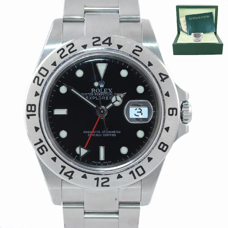 Luxury men's watches with diamond-encrusted bezels for an extravagant, show-stopping accessory look -2007 NO HOLES Rolex Explorer II 16570 Stainless Steel Black Date GMT 40mm Watch