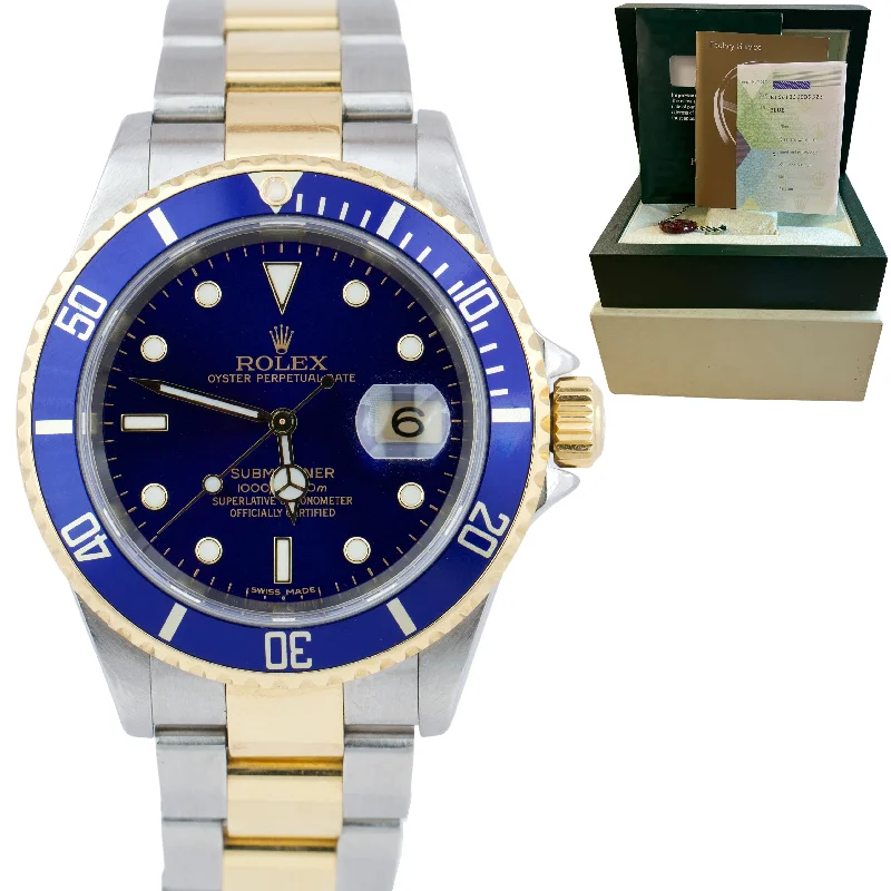 Men's watches with classic designs and gold-tone finishes for a refined and fashionable look -2007 Rolex Submariner Two-Tone Stainless Blue NO HOLES Dive 40mm Watch 16613