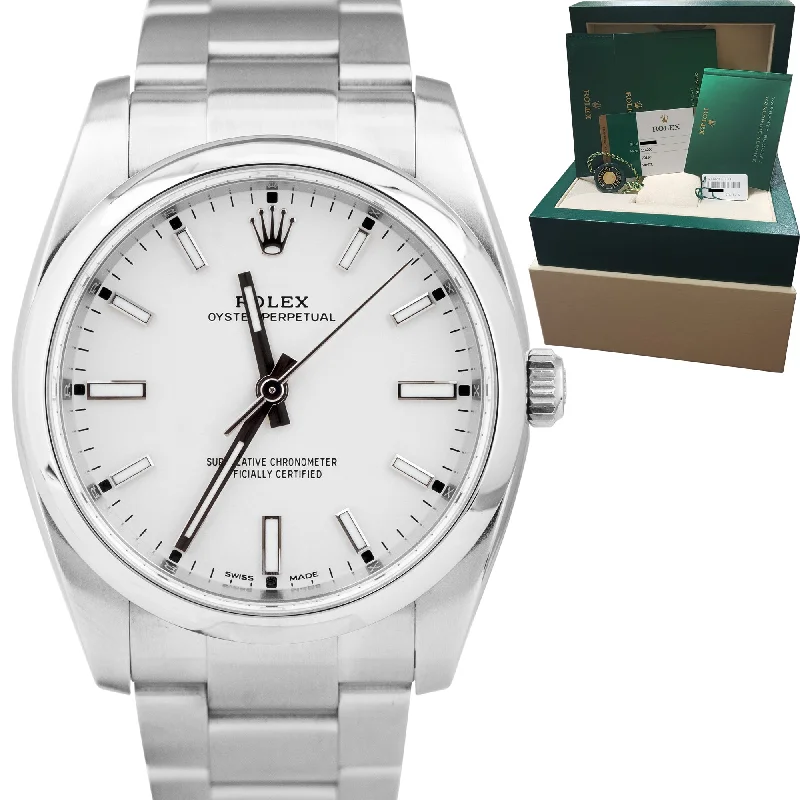 Luxury men's watches with ceramic or stainless steel bands for an elegant, modern design -2018 Rolex Oyster Perpetual White Stainless Steel 34mm Watch 114200 BOX CARD