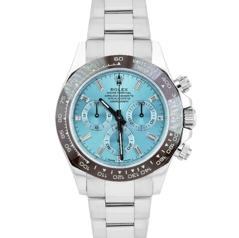 Classic men's watches with simple dials and clean lines for a refined, professional appearance -2019 Rolex Daytona Platinum Glacier ICE BAGUETTE DIAMOND DIAL Watch 116506