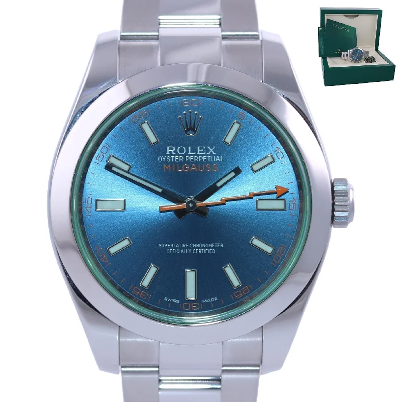 Luxury men's watches with diamond accents and gold cases for an extravagant and elegant style -2019 Rolex Milgauss Blue Anniversary Green 116400GV Steel 40mm Watch Box