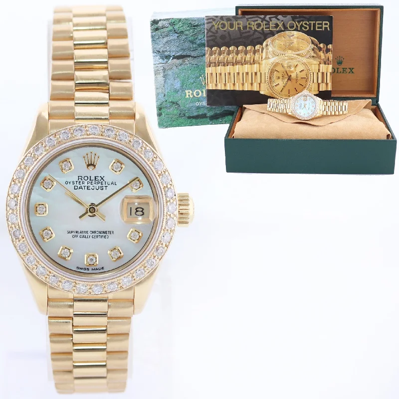 Men's wristwatches with minimalist designs and slim profiles for a sleek, modern look -Pearl Diamond Ladies Rolex DateJust President 26mm 69178 Yellow Gold Watch Box