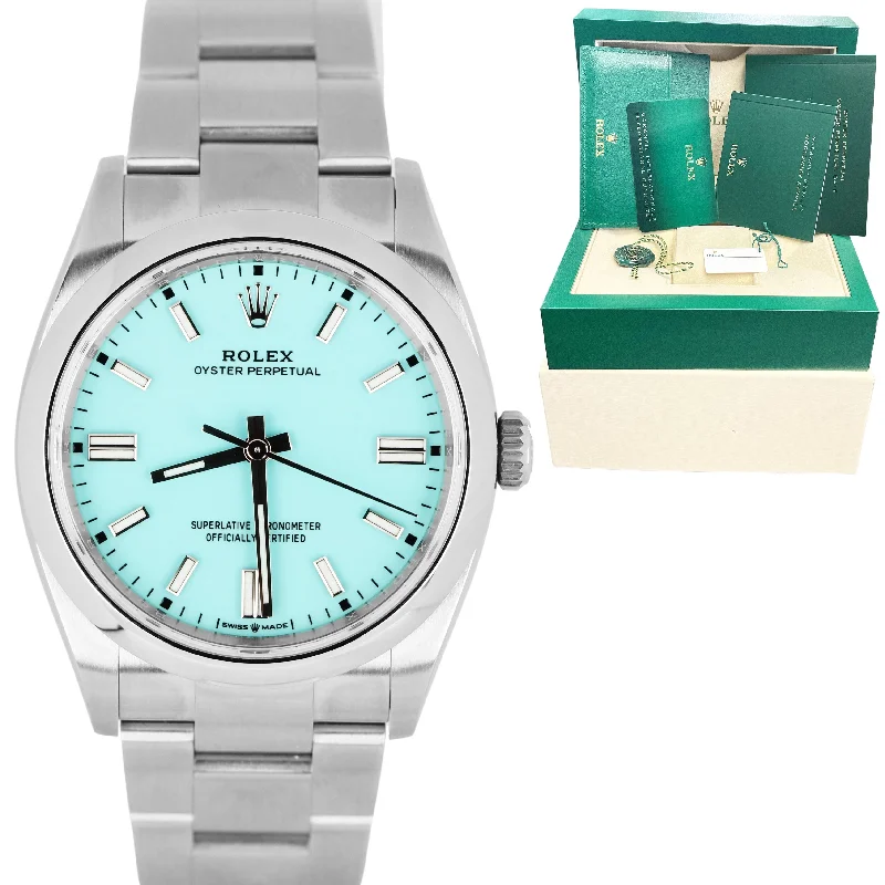 Fashionable men's watches with interchangeable straps for versatility and personalized style -2022 Rolex Oyster Perpetual 36mm Turquoise Blue Steel 126000 Watch B&P