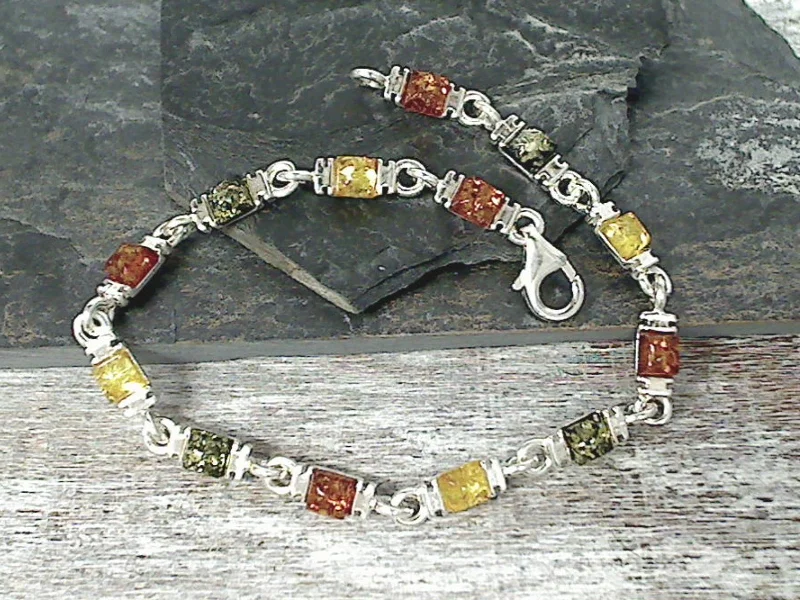 Modern acrylic bracelets with geometric bold shapes -7.25" Amber, Sterling Silver Bracelet