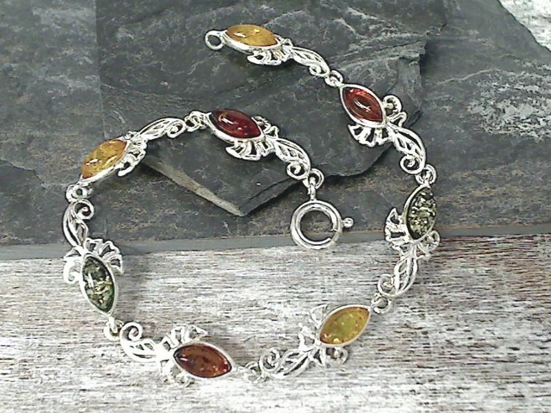 Stretchy beaded bracelets fitting any wrist size -7" Amber, Sterling Silver Bracelet