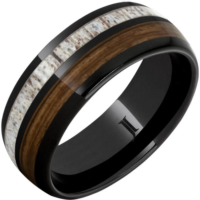 Peaceful sapphire gemstone rings with blue depth -Barrel Aged™ Black Diamond Ceramic™ Ring with Bourbon Barrel Wood and Antler Inlays