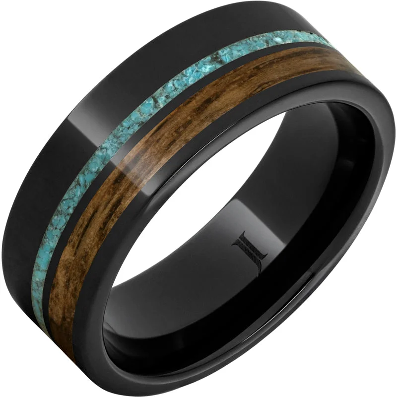 Peaceful sapphire gemstone rings for timeless blue grace -Barrel Aged™ Black Diamond Ceramic™ Ring with Bourbon Wood and Turquoise Inlays