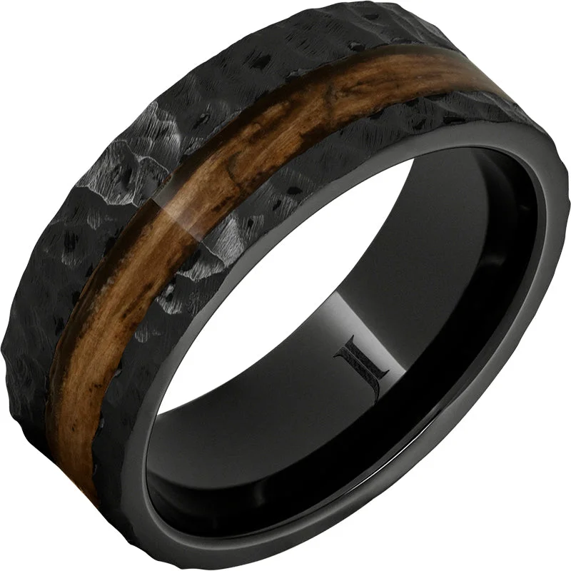 Sparkling diamond gemstone rings marking eternal love -Barrel Aged™ Black Diamond Ceramic™ Ring with Bourbon Wood Inlay and Moon Crater Carving